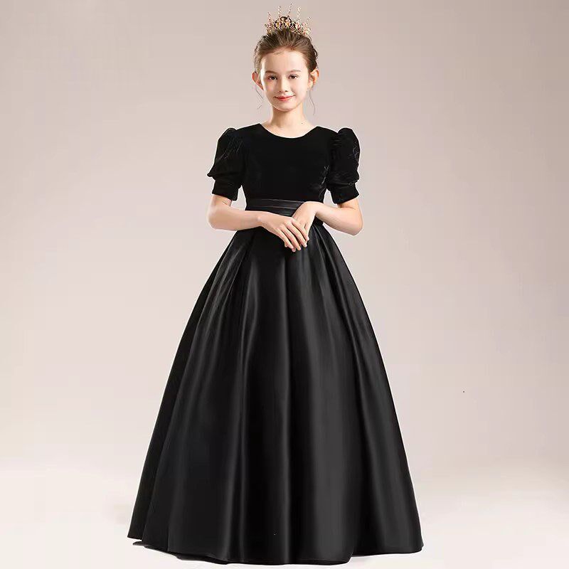 黑色女童晚礼服公主裙主持人礼服秋冬小提琴音乐团演出钢琴演奏服