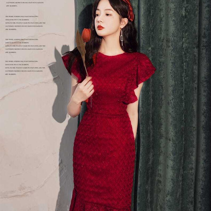 中式旗袍敬酒服新娘小个子酒红色订婚改良中式回门晚礼服年轻款女