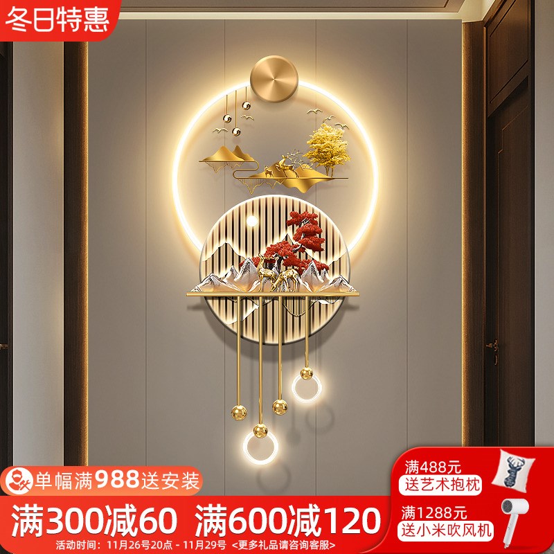 轻奢玄关麋鹿装饰画走廊尽头发光带灯挂画高档吊坠立体灯饰壁饰画