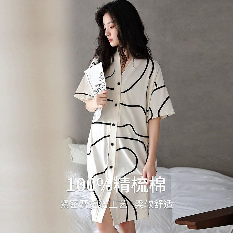 睡裙夏季宽松纯棉短袖开衫连衣裙V领时尚女夏天可外穿家居服