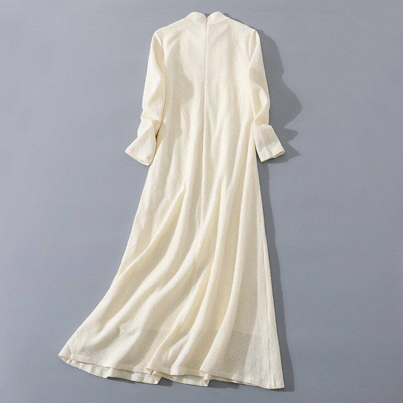 秋冬新款复古中国风女装长袖立领绣花羊毛呢禅茶服长裙修身连衣裙