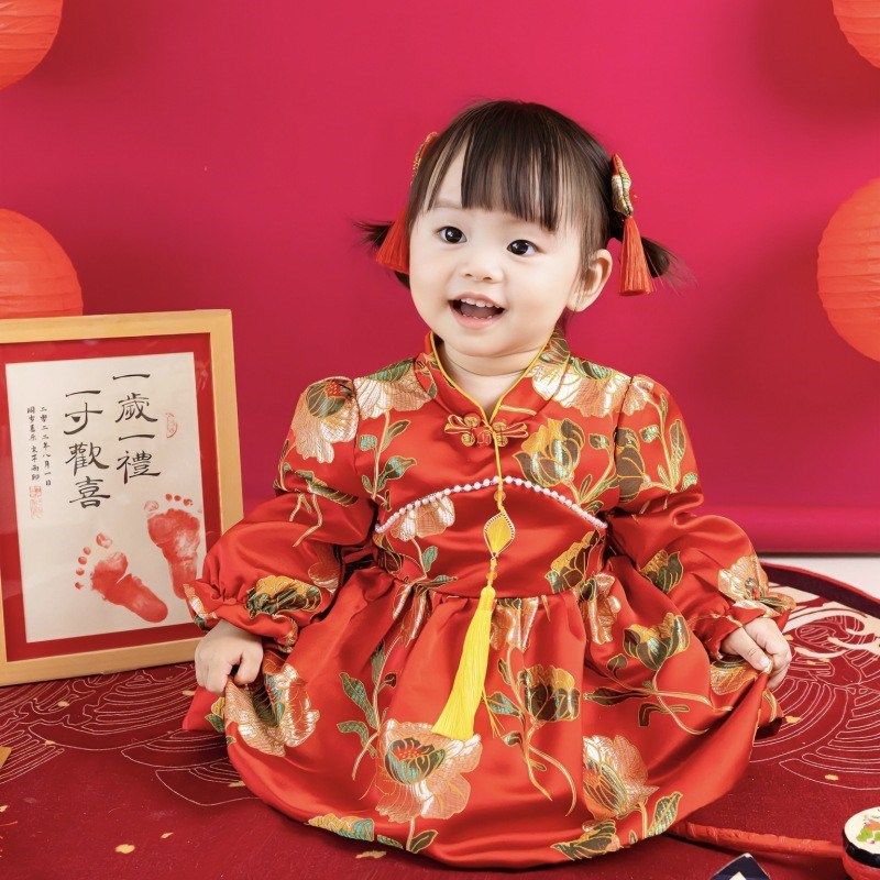女宝宝周岁礼服春秋款女孩喜庆旗袍唐装婴儿一岁生日宴抓周连衣裙