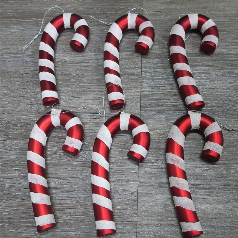 圣诞树挂件圣诞儿童道具吊饰13/15CM红白彩绘糖果拐杖装饰6个盒装