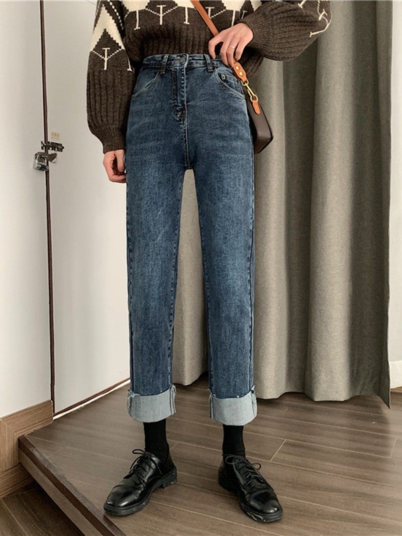 大码牛仔裤女胖妹妹mm直筒宽松显瘦长裤子高腰阔腿裤微胖穿搭秋装