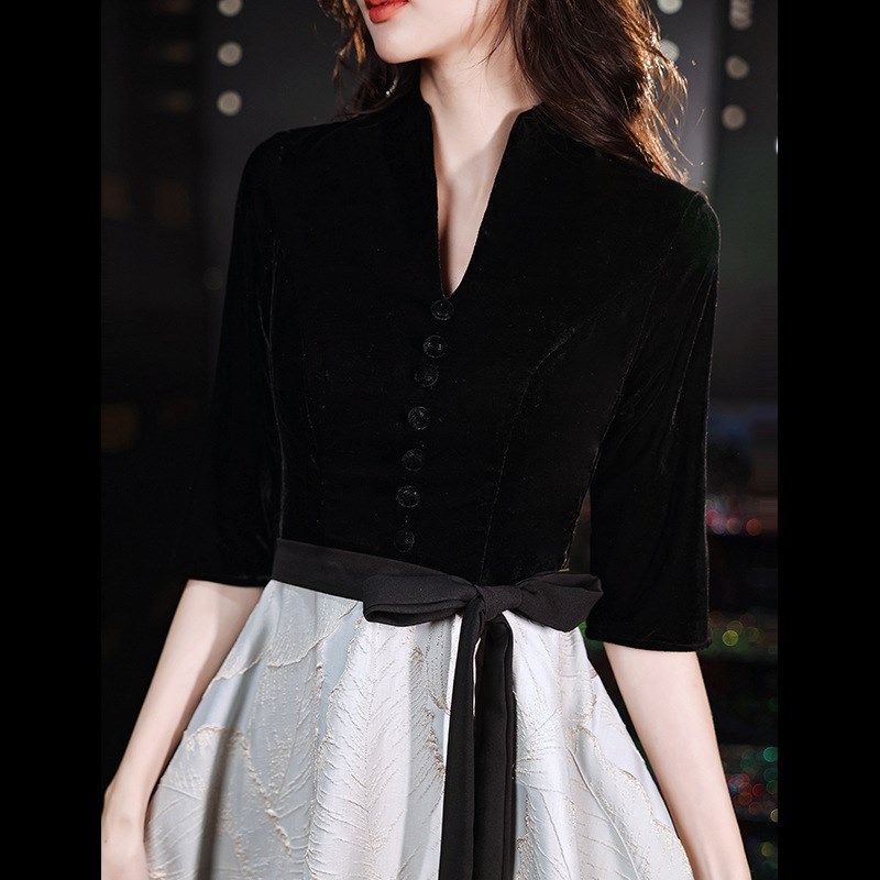 2024春夏黑色主持晚礼服气质走秀演出礼服宴会年会长款宴会服