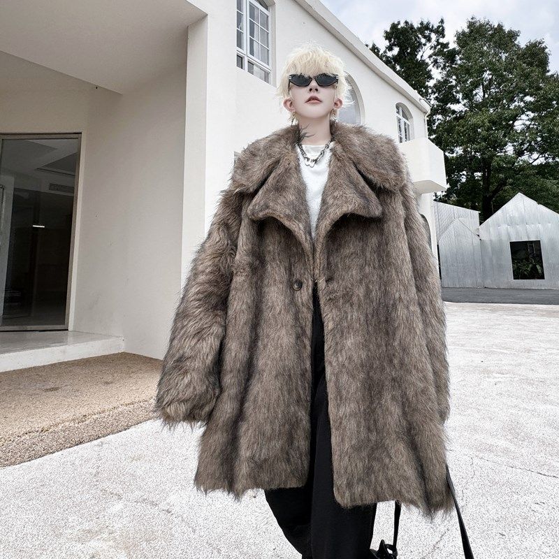 冬装高级感重磅翻领抗冻保暖仿皮草大衣外套男廓形财阀仿貂毛加棉