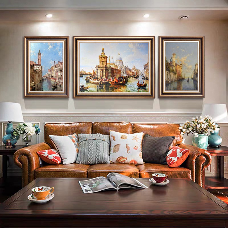 网红美式客厅装饰画复古油画欧式建筑风景画法式大气沙发背景墙画