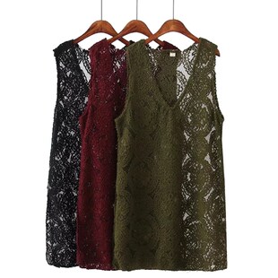 6796 镂空蕾丝V领马甲宽松开叉背心裙加大女装胖mm外搭马夹无袖裙