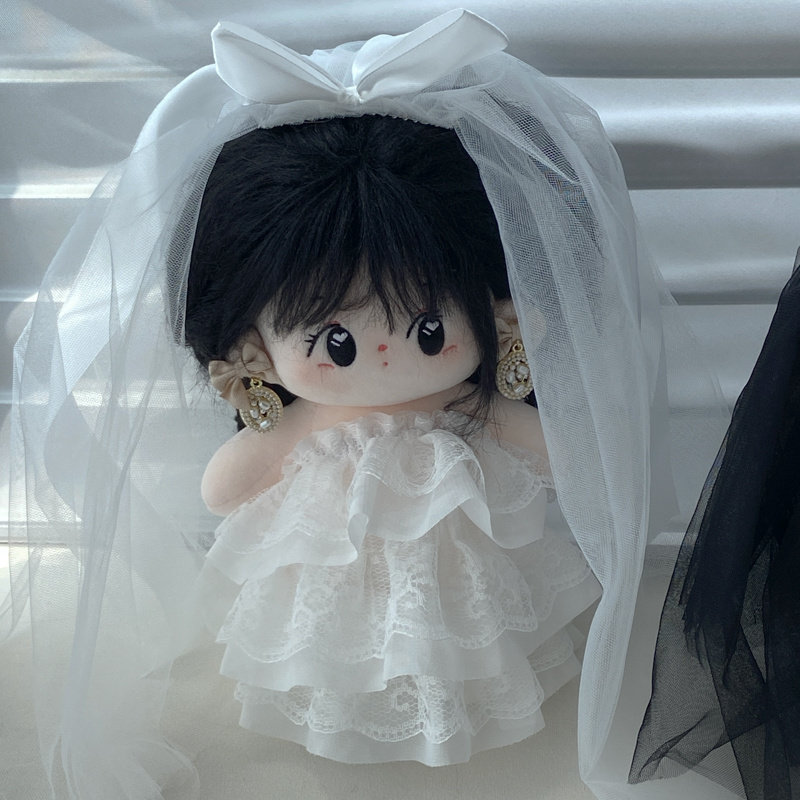 婚礼礼服20cm棉花娃娃浪漫公主白婚纱+头纱+耳饰T纱裙娃衣 有黑色