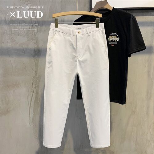 LUUD 卡其布复古9九分休w闲裤透气潮男棉料小脚裤直筒潮男韩版裤