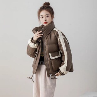 pu皮棉服大码女短款2024秋冬季新款正品撞色拼接小个子外套洋气潮