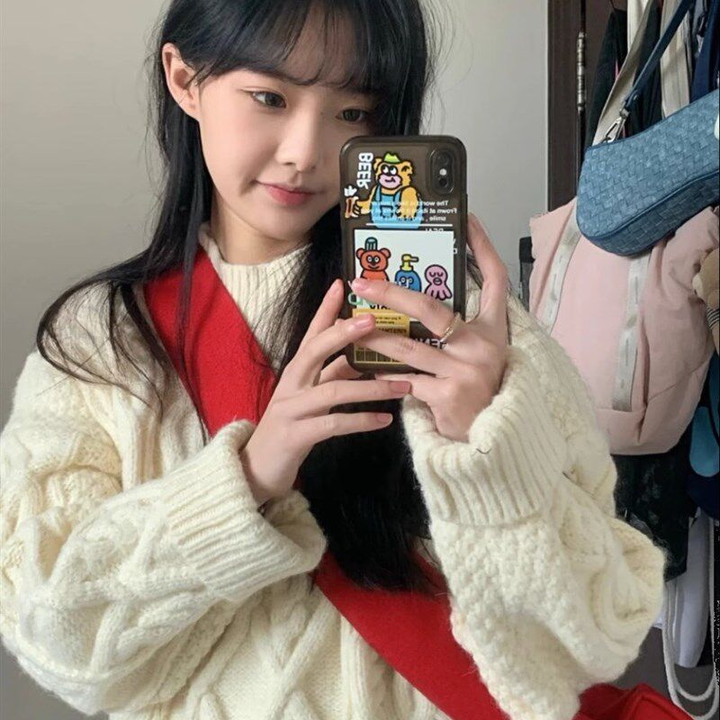 慵懒风白色麻花套头毛衣女2023秋冬新款韩版宽松长袖针织衫潮