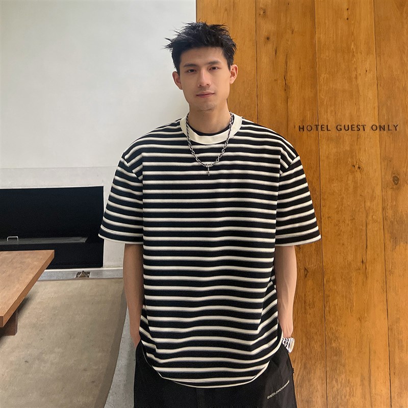 杠叔条纹短袖t恤男夏季时尚百搭潮流宽松休闲五分袖韩版潮牌圆领