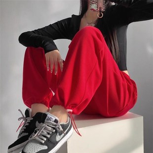 大红色休闲运动安克拉裤子女秋冬高个子加长显瘦阔腿裤束脚卫裤