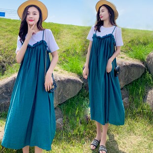 孕妇装夏套装外出时尚款潮辣妈个性孕妇夏装两件套V连衣裙长裙夏