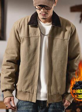 美式复古夹棉工装k外套男秋冬款加厚潮牌翻领棉衣棉服耐磨帆布夹