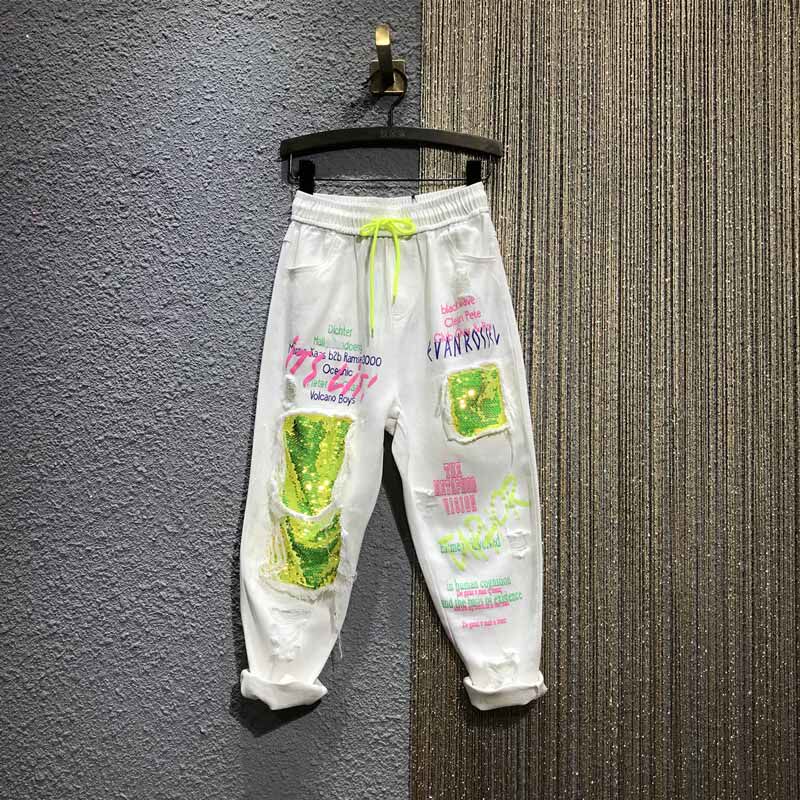 欧货白色破洞亮片牛仔裤女2021新款夏季高腰宽松直筒阔腿炸街裤子图片