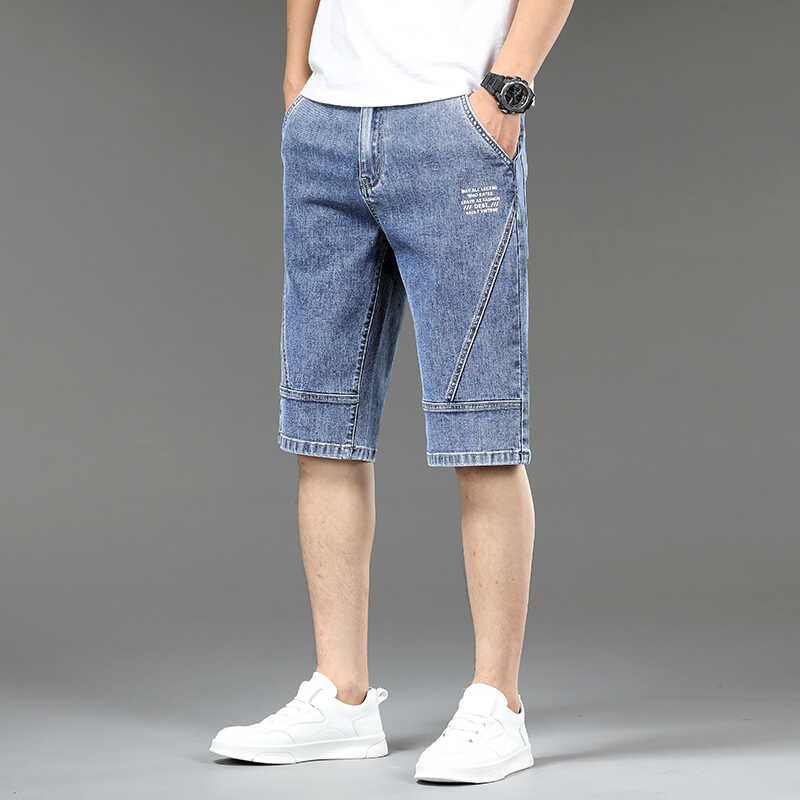 夏日新品拼接牛仔短裤男夏季w薄款印花男士休闲中裤时尚风情七分