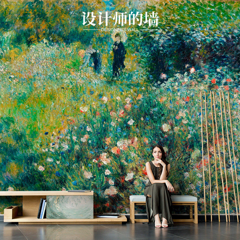 欧式手绘油画花园风景壁画电视机背景墙壁纸高级感背景布墙布壁布