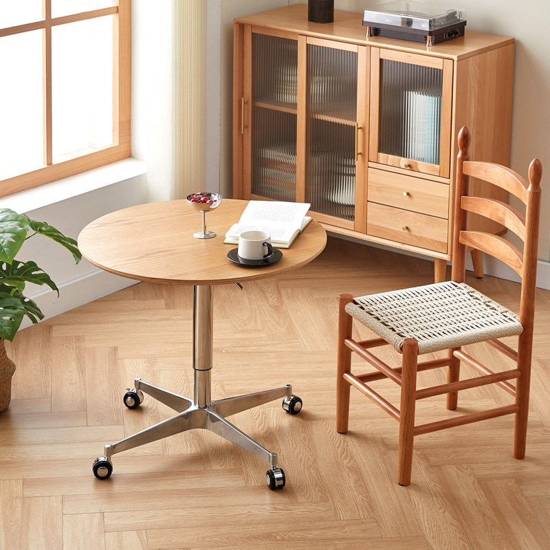 咖啡厅简约实木升降餐桌现代家用小户型洽谈圆桌可移动客厅小边几