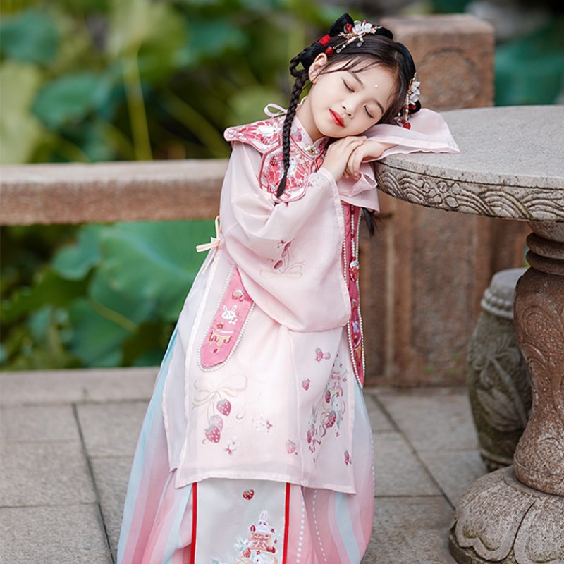 汉服女童明制长衫云肩古装2024新款可爱粉色女孩春夏薄款马面裙