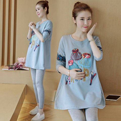 新款宽松大码孕妇装中长款孕妇上衣打底衫长袖棉韩版孕妇两件套