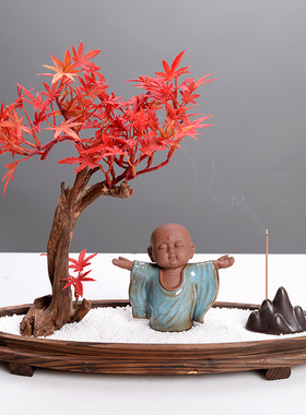 禅意新中式玄关博古架复古紫砂摆件小和尚创意家居装W饰陶瓷工艺