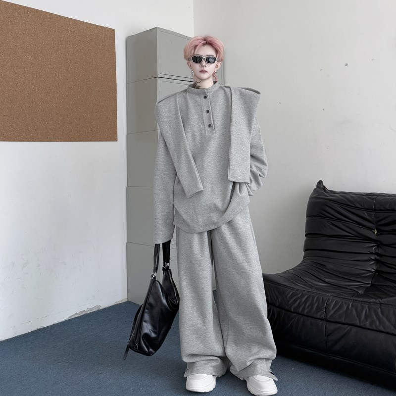 2025春装立领披肩拆卸连帽卫衣套装男韩J版休闲运动阔腿长裤两件