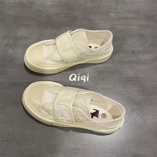 七七主人家鞋g子女夏季薄款小白鞋米色女鞋网面透气帆布鞋厚底板