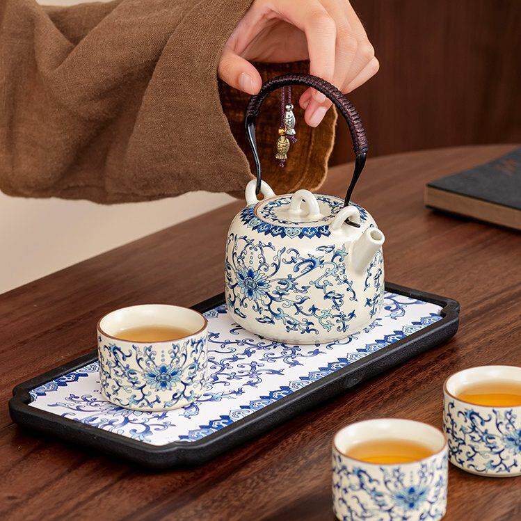 景德镇汝窑缠枝莲提梁壶旅行茶具套装一壶三杯便携式功夫茶具