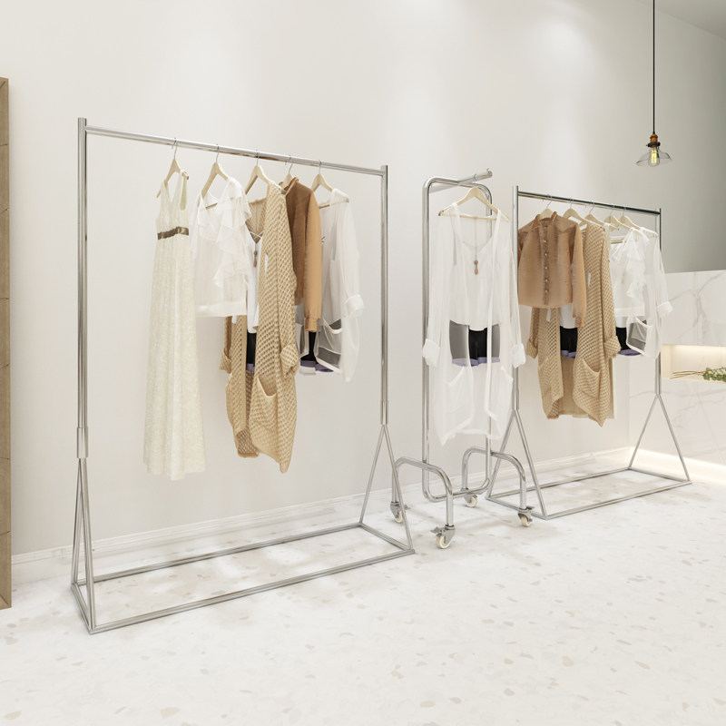 服装店不锈钢落地架女装店银色挂衣杆童装陈列货架衣服架子展示架
