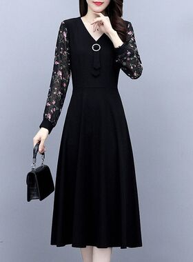 高级感长袖连衣裙雪纺碎花假两件洋气收腰显瘦中长款裙子女春秋装