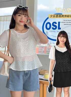 大码女装胖mm春夏减龄假两件吊带碎花t恤遮肉短袖雪纺上衣32096。