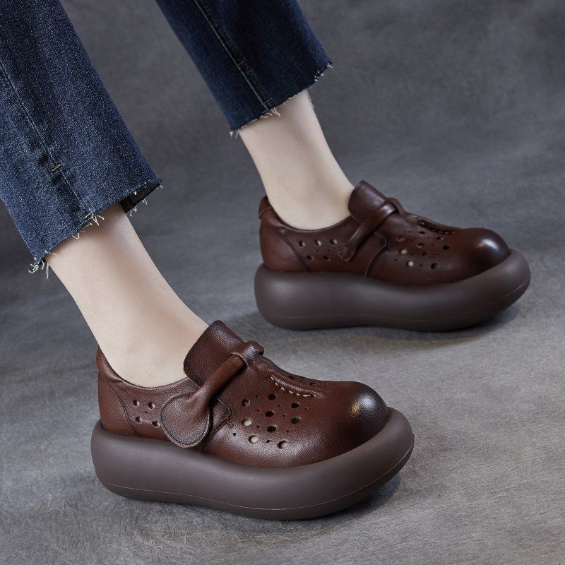新款牛皮丑萌厚底洞洞凉鞋女款真皮2025夏季大头女士休闲镂空休闲