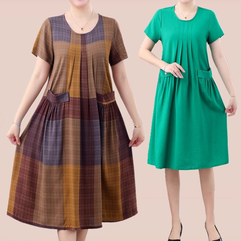 中老年棉麻连衣裙时尚宽松大码女装夏季新款妈妈外穿裙子垂感遮肉