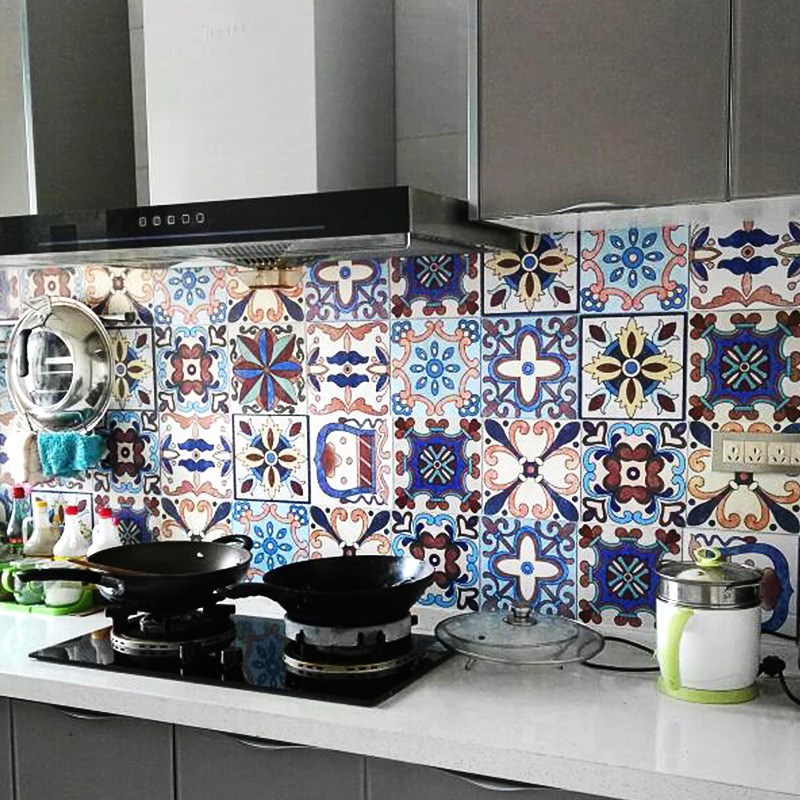 欧式复古厨房防油烟贴纸防水壁纸墙纸自粘卫生间浴室装饰瓷砖墙贴