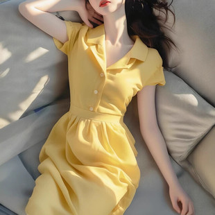 衬衫 连衣裙2025新款 黄色v领短袖 式 复古甜美温柔风长裙 女夏季 法式