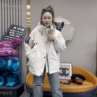 女中长款 宽松字母连帽加厚风衣百搭时尚 冲锋衣潮 韩版 2023春秋新款