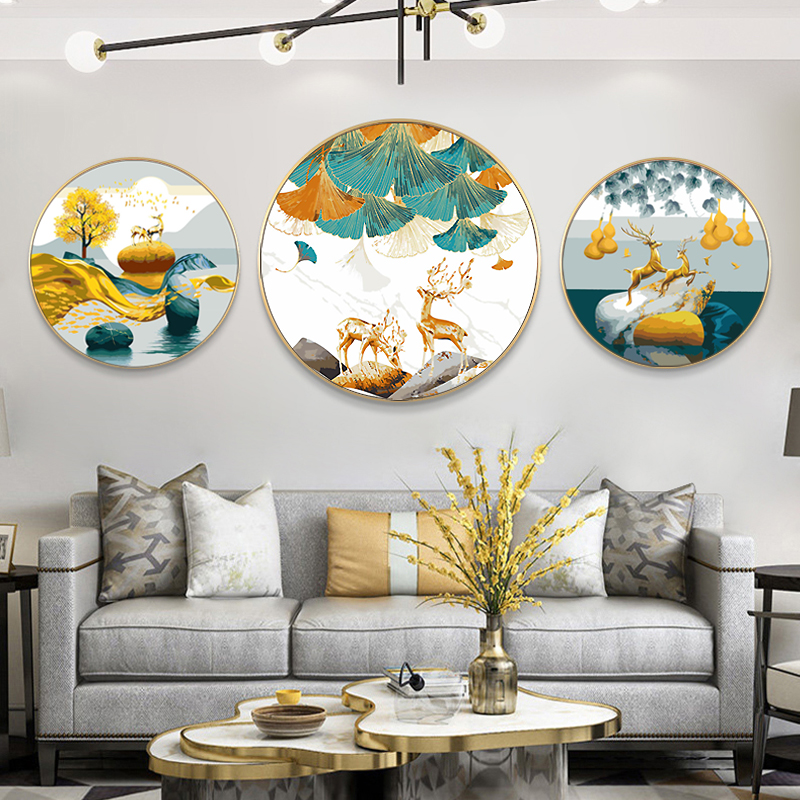 数字油画diy圆形轻奢客厅装饰画北欧麋鹿沙发背景墙玄Z关餐厅挂画图片