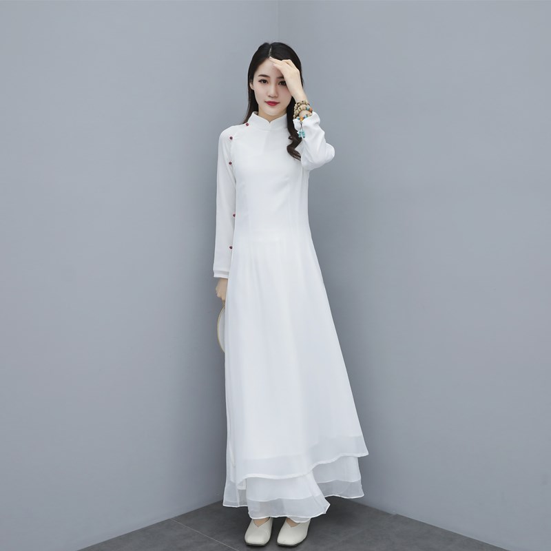 禅服女白色中国风改良汉服旗袍连衣裙中式复古禅意茶人服三件套装