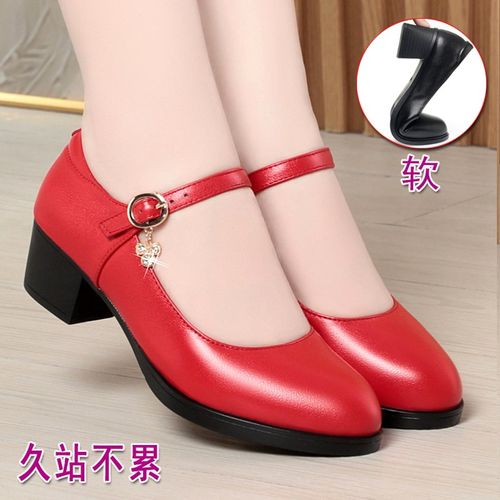 真皮红色鞋子高跟鞋粗跟中跟女士单鞋妈妈皮鞋春季女鞋软底舞蹈鞋
