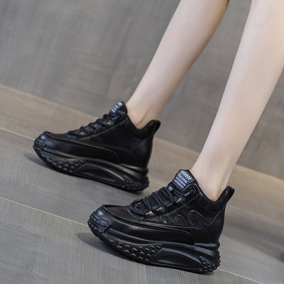 黑色鞋子女秋冬内增高运动鞋女8cm女鞋真皮小白鞋厚底休闲老爹鞋