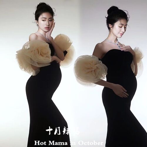 孕妇照服装黑色修身丝绒高定礼服影楼新款孕妈咪简约复古拍照服装