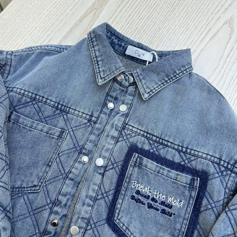 男童牛仔衬衫夹棉儿童纯棉外套秋冬加厚2024新款洋气男孩长袖衬衣