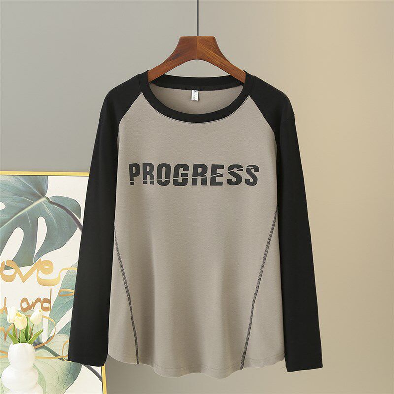 大码女黑白撞色春秋冬季2024长袖T恤胖mm内搭打底衫宽松纯棉上衣