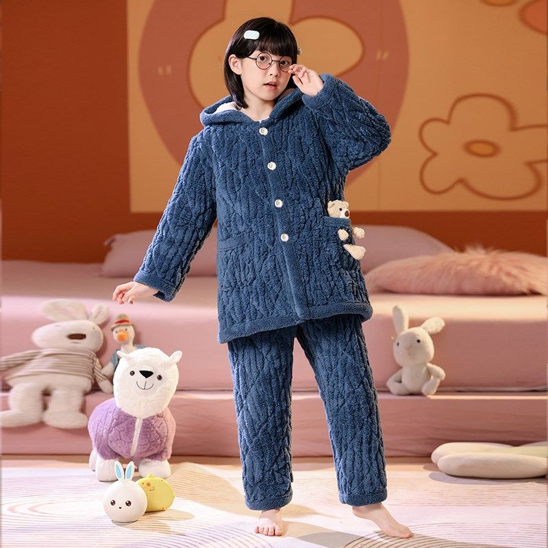 冬季儿童法兰绒睡衣男童女童男孩加绒加厚三层夹棉外穿亲子家居服
