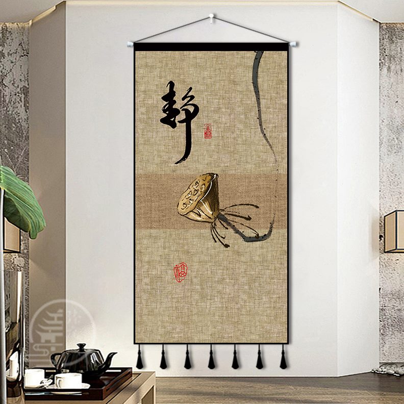 定制荷花复古挂画背景茶室禅意中式遮丑挂毯客厅装饰布艺墙布挂布图片