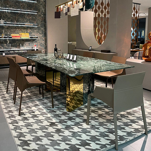天然普拉达绿奢石餐桌意式极简高端别墅家用餐厅长方形餐桌椅组合