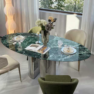 天然普拉达绿奢石餐桌椅组合现代简约轻奢别墅家用椭圆形奢石饭桌