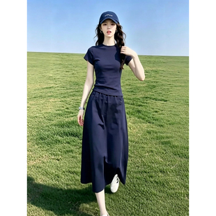 日系简约藏蓝色套装女夏季新款正肩短袖T恤松紧腰工装长裙两件套m